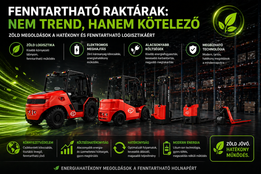 Zöld raktár megoldások: elektromos targoncák, energiahatékony rendszerek és fenntartható anyagmozgatás, nagy ...
